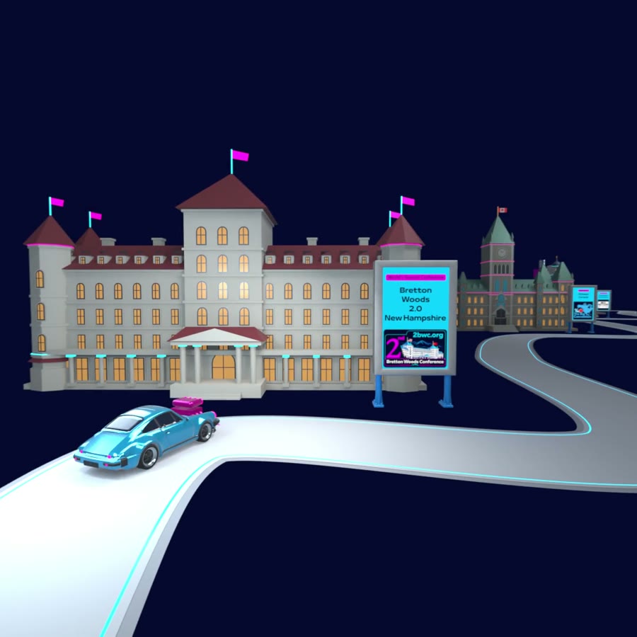 The car passes the Mount Washington Hotel, its sign reading Bretton Woods 2.0, New Hampshire.