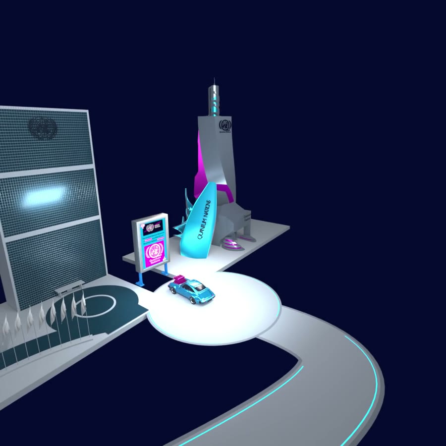 The camera pulls back from the Quantum Nations plaza, with the car parked at the end of the road.