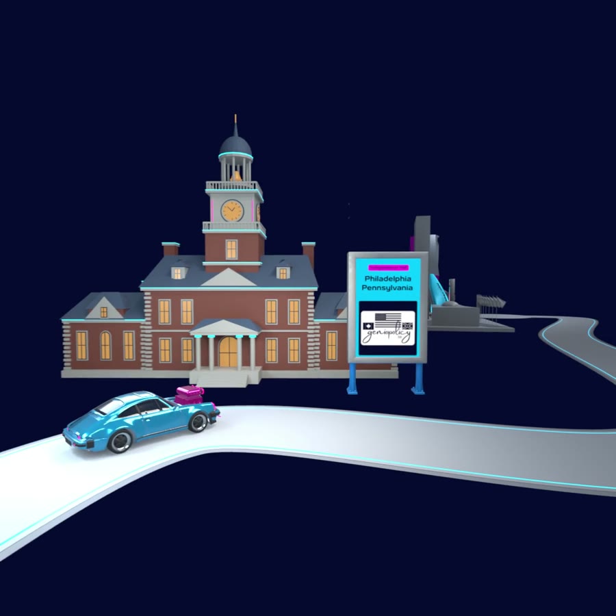 The car passes Independence Hall, beside a sign for Philadelphia, Pennsylvania.