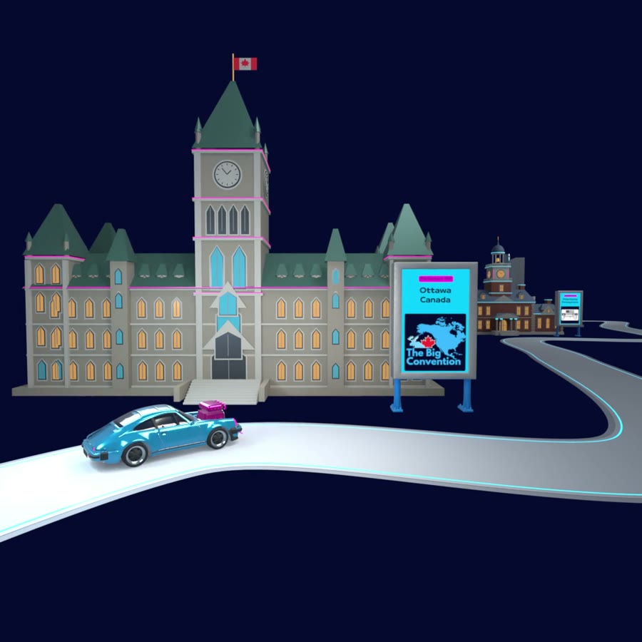 The car passes Parliament Hill under a Canadian flag, beside a sign for Ottawa, Canada: The Big Convention.