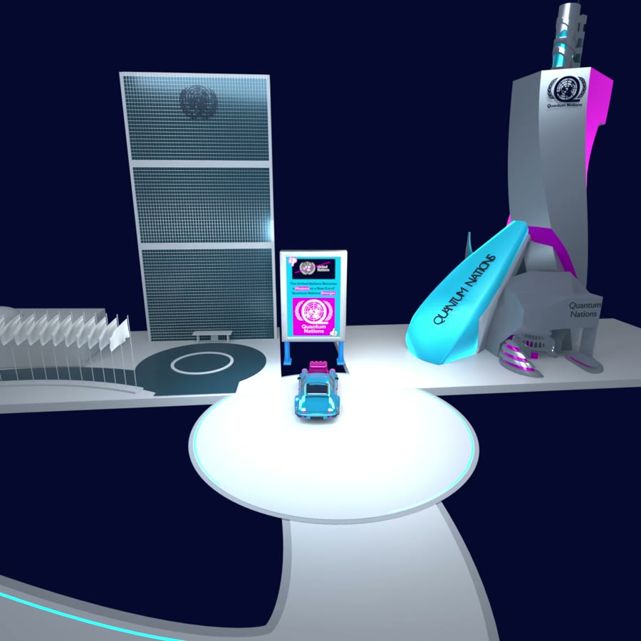 The car arrives on a circular plaza between the UN Secretariat tower and the cyan-and-magenta Quantum Nations building.