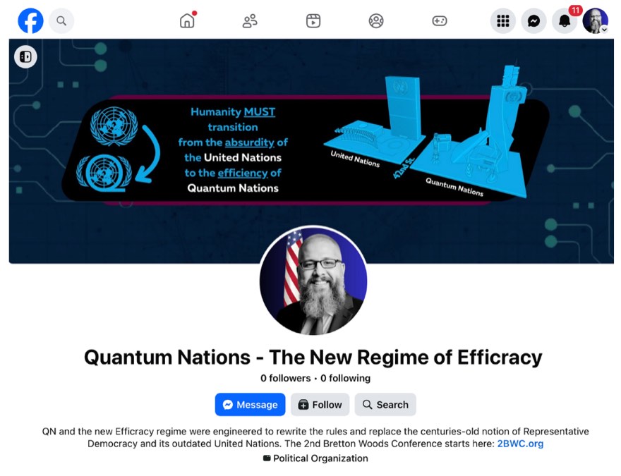 The Quantum Nations: The New Regime of Efficracy page on Facebook, with its cover reading Humanity must transition from the absurdity of the United Nations to the efficiency of Quantum Nations.