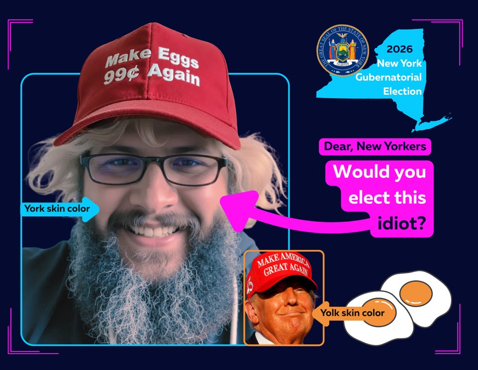 2026 New York gubernatorial election: would you elect this idiot? Ben Zakar in a red cap reading Make Eggs 99 cents Again beside the state map.