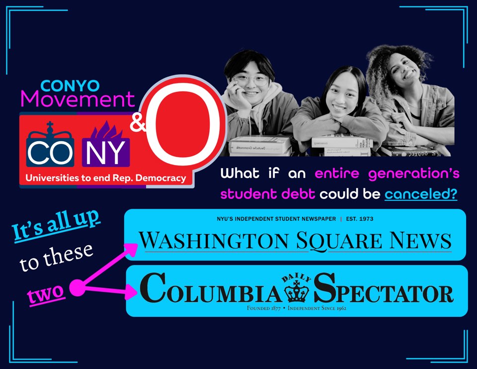 CONYO Movement poster: three students with textbooks beside the question, what if an entire generation's student debt could be canceled?