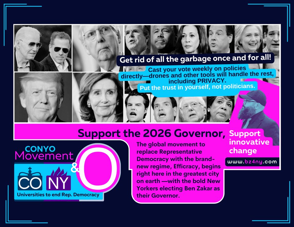 Campaign poster: a grid of national politicians in black and white beside the call to support the 2026 governor and replace representative democracy.