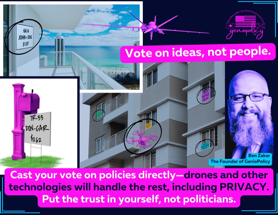 Poster showing handwritten vote placards on lawns and apartment windows with drones overhead, under the line vote on ideas, not people.