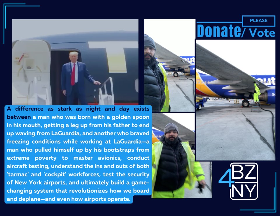 BZ 4 NY comparison plate: a man waving from a plane doorway beside an airport worker at LaGuardia in the cold.