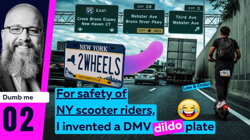 Video 02, Dumb me: For safety of NY scooter riders, I invented a DMV dildo plate.