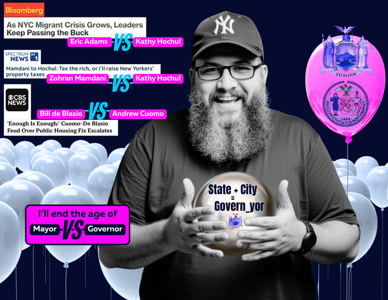 Ben Zakar in a New York Yankees cap holding a glowing orb that reads State plus City equals Govern_yor, beside news headlines about Adams, Hochul, Mamdani, de Blasio and Cuomo and the line: I'll end the age of Mayor versus Governor.