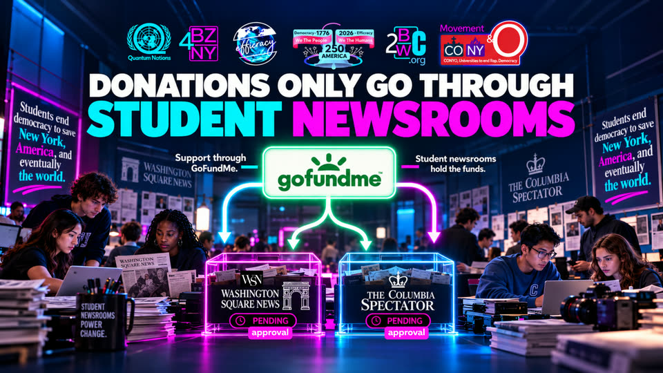 Donations only go through student newsrooms: a GoFundMe card feeds two collection boxes, Washington Square News and The Columbia Spectator, each marked pending approval, in a busy student newsroom.